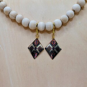 Patchwork Patterned Diamond Shaped Earring in Gold, Green, & Red image 9