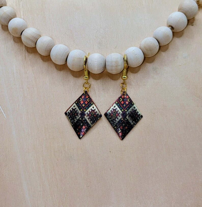 Patchwork Patterned Diamond Shaped Earring in Gold, Green, & Red image 9