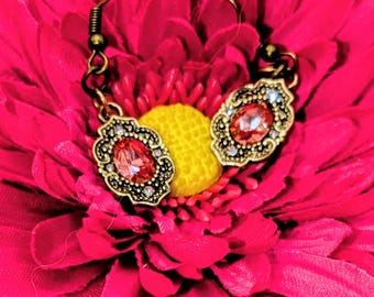 Ruby & Gold Ornate Oval Earrings