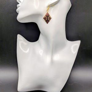 Patchwork Patterned Diamond Shaped Earring in Gold, Green, & Red image 5