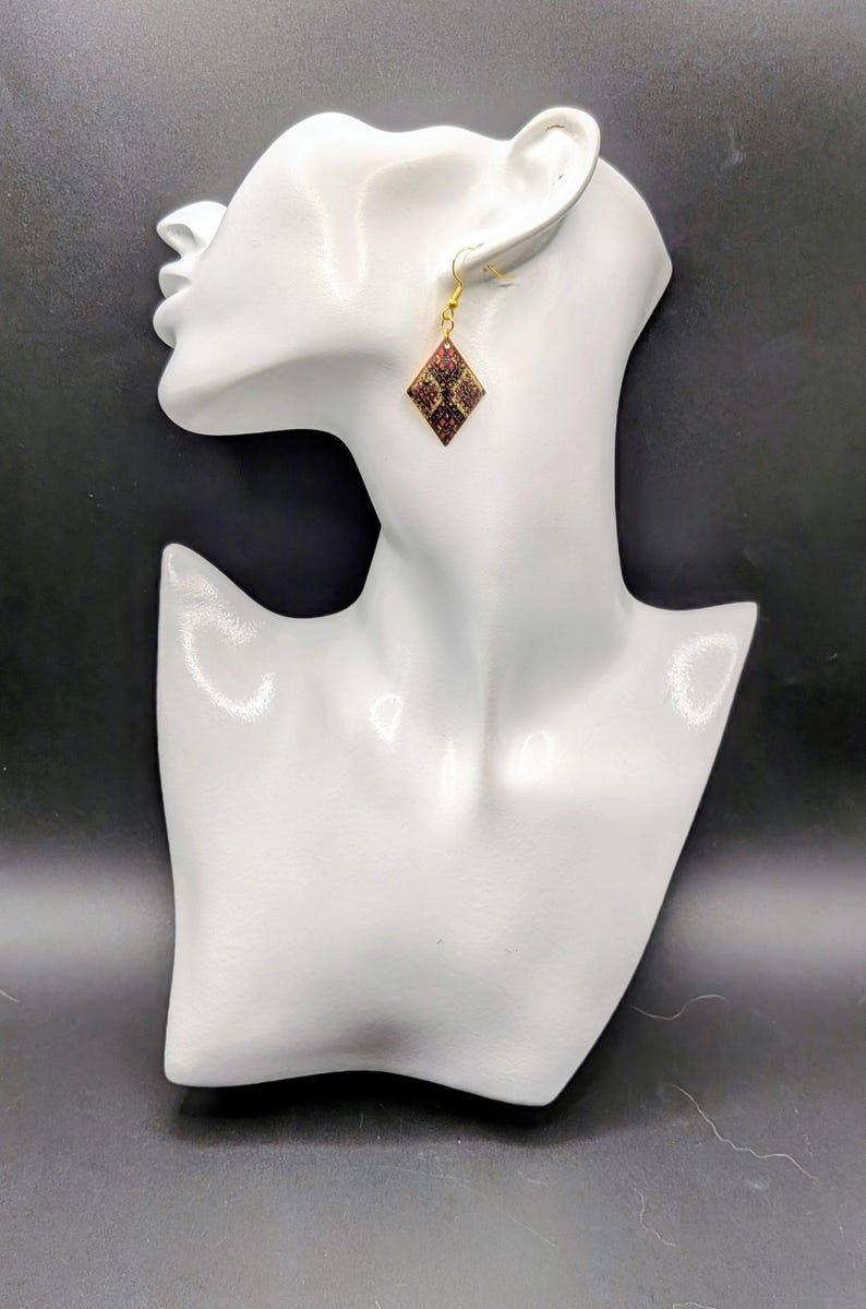 Patchwork Patterned Diamond Shaped Earring in Gold, Green, & Red image 5