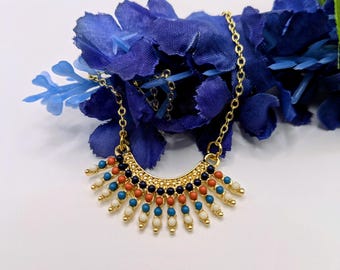 Plated Gold and Glass Beaded Necklace-Black, Red, Blue and White Beads