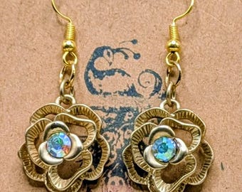 Gold Rose Dangle Earrings