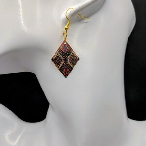Patchwork Patterned Diamond Shaped Earring in Gold, Green, & Red image 7