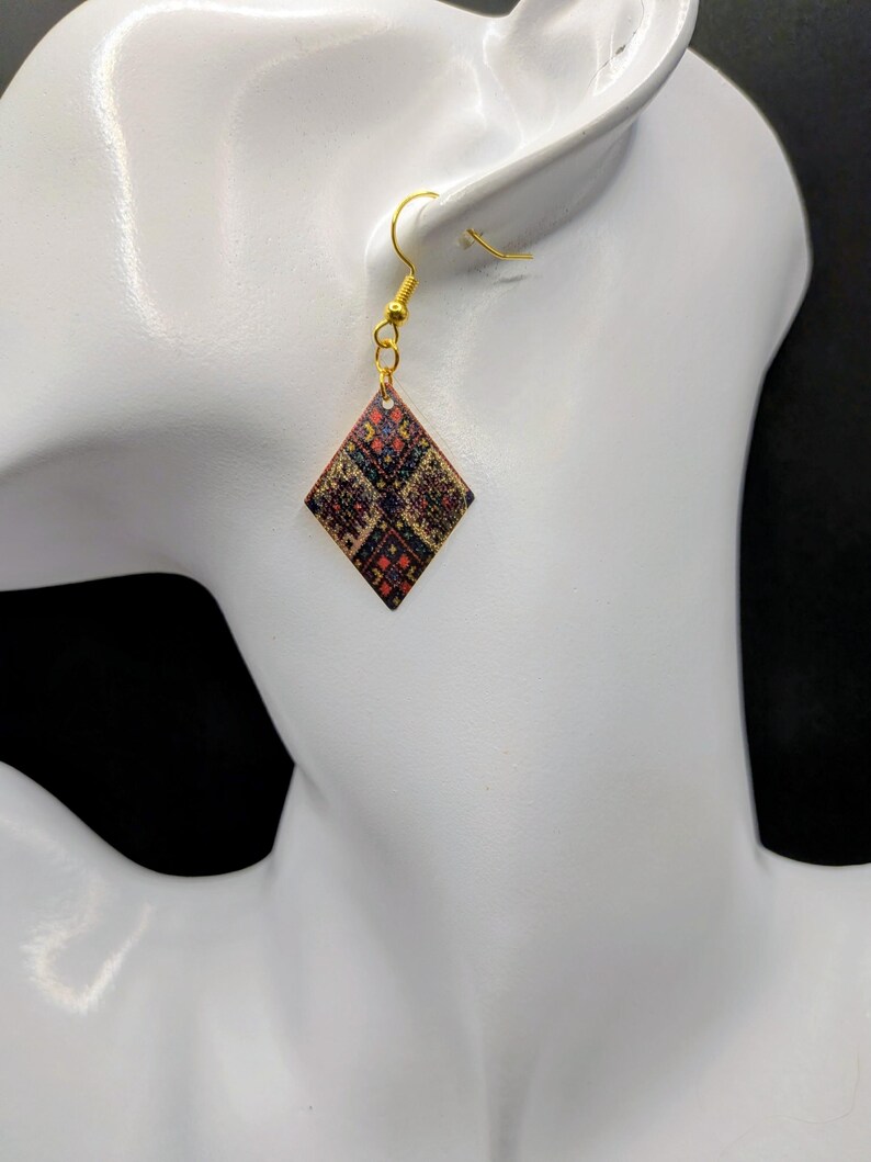 Patchwork Patterned Diamond Shaped Earring in Gold, Green, & Red image 7