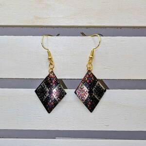 Patchwork Patterned Diamond Shaped Earring in Gold, Green, & Red image 8
