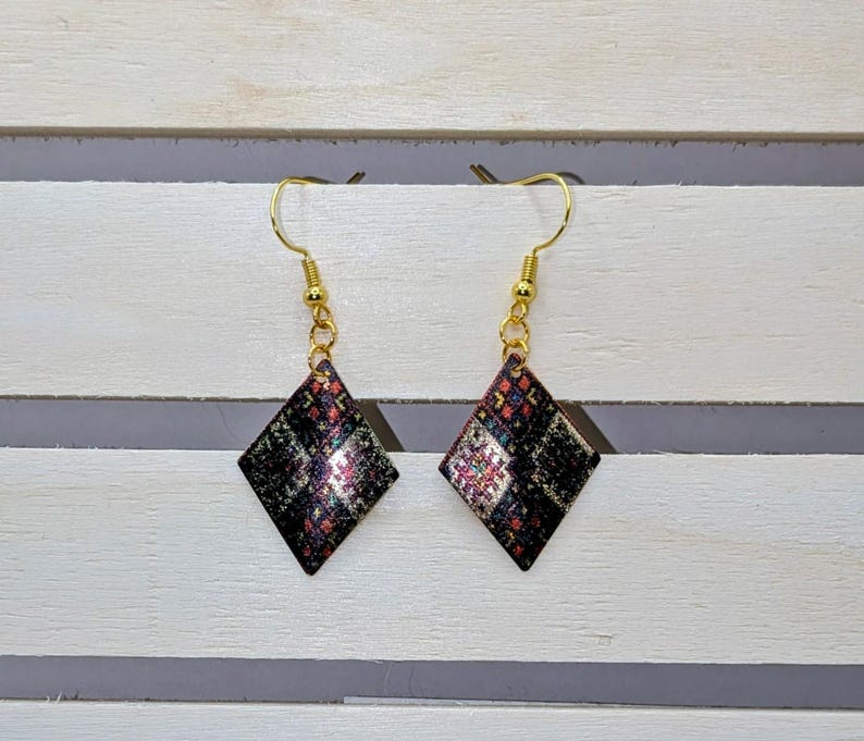 Patchwork Patterned Diamond Shaped Earring in Gold, Green, & Red image 8