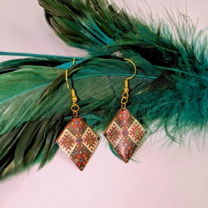 Patchwork Patterned Diamond Shaped Earring in Gold, Green, & Red image 10