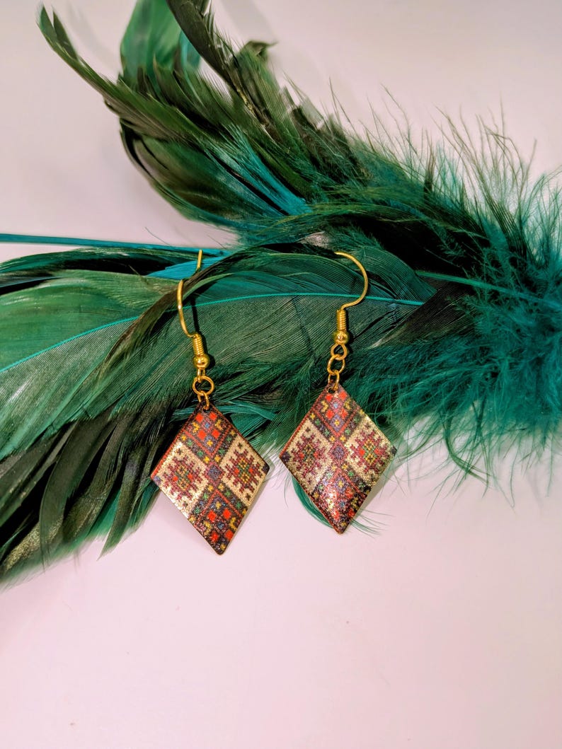 Patchwork Patterned Diamond Shaped Earring in Gold, Green, & Red image 10
