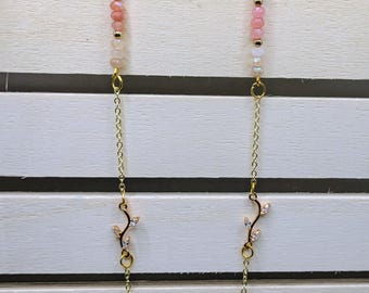 Gold Necklace with Blue, Pink, and White Beads A Floral Accents
