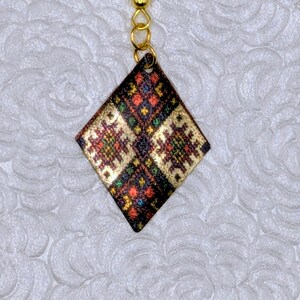 Patchwork Patterned Diamond Shaped Earring in Gold, Green, & Red image 2
