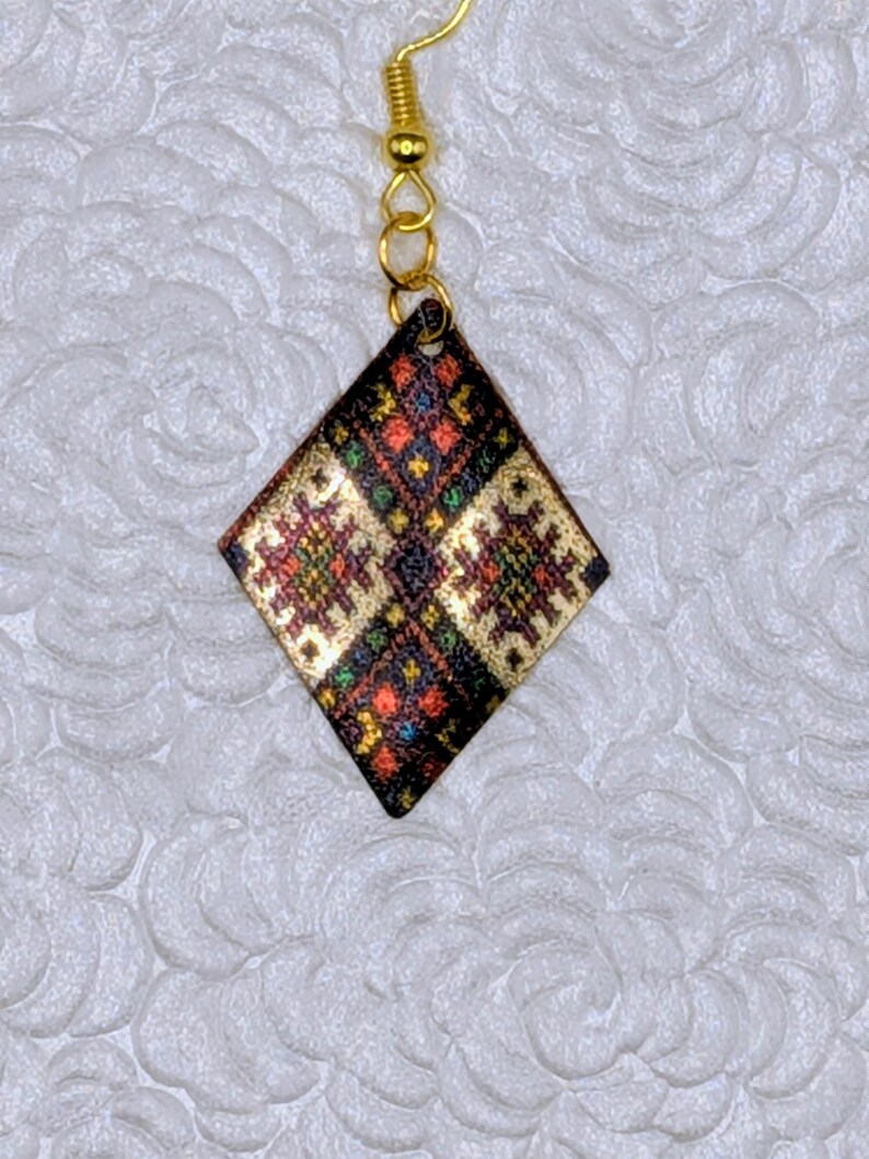Patchwork Patterned Diamond Shaped Earring in Gold, Green, & Red image 2