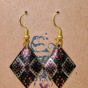 Patchwork Patterned Diamond Shaped Earring in Gold, Green, & Red image 6