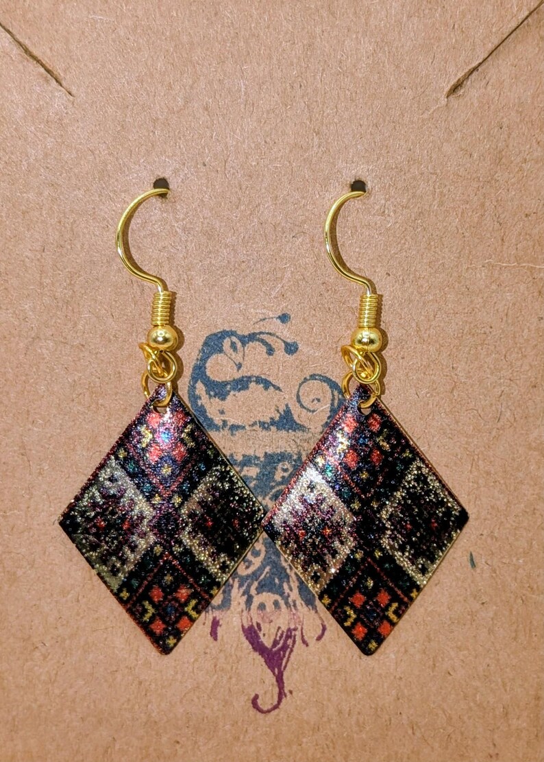 Patchwork Patterned Diamond Shaped Earring in Gold, Green, & Red image 6