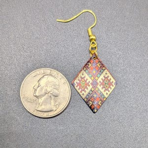 Patchwork Patterned Diamond Shaped Earring in Gold, Green, & Red image 4
