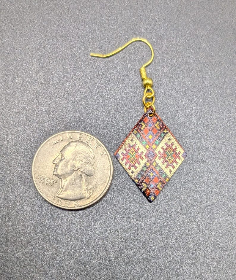 Patchwork Patterned Diamond Shaped Earring in Gold, Green, & Red image 4