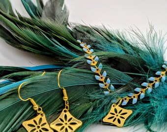 Blue & Gold Floral Bracelet with Square Gold Pendant and Matching Earrings