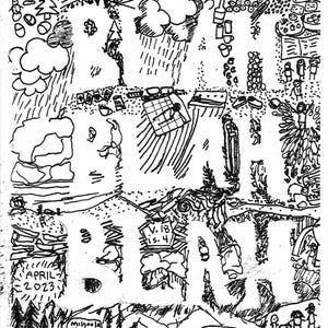 Puede incluir: Una ilustración dibujada a mano en blanco y negro de un paisaje con la palabra "BIG" escrita en letras grandes. La ilustración incluye árboles, nubes, un camino y un cartel que dice "V. 18 IS. 4". La fecha "APRIL 2023" está escrita en la esquina inferior izquierda de la imagen.