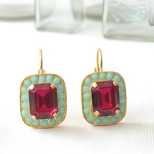 Ruby Red and Turquoise Halo Earrings: Victorian Style, Gold or Silver Leverbacks