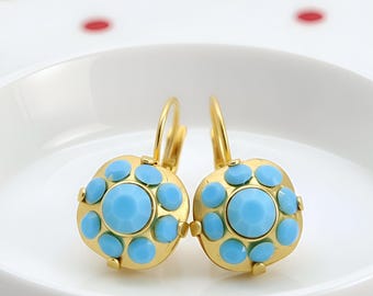 Turquoise Gold Earrings, Victorian Style with Lever back Closures, available in gold or silver