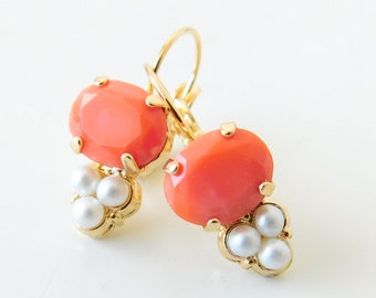 Coral and Pearl Gold Leverback Earrings, Victorian Style Coral Earrings