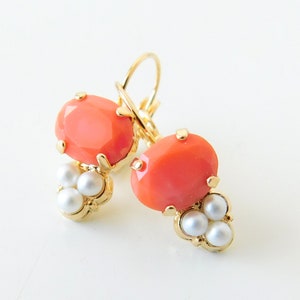 Coral and Pearl Gold Leverback Earrings, Victorian Style Coral Earrings