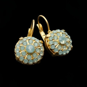Victorian Green Opal Leverback Earrings: Crystal Rhinestone Halo, Gold or Silver Settings