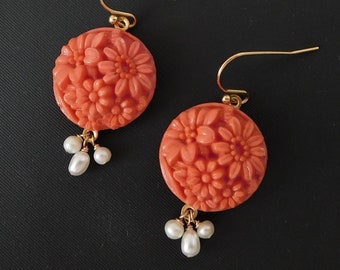 Vintage Coral and Pearl Earrings, Pressed Coral Glass and Freshwater Pearl Drop Earrings, Victorian Style Earrings