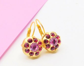 Ruby and Rose Pink Square Earrings, Victorian Style Cushion Cut Gold Leverback Earrings, Xmas Gift