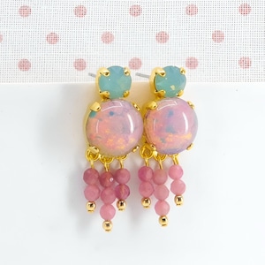 Fire Opal Dangle Earrings: Vintage Glass, Pink Tourmaline Fringe