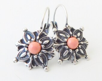 Victorian Silber Koralle Ohrringe: Florale Brisur, Swarovski Kristall
