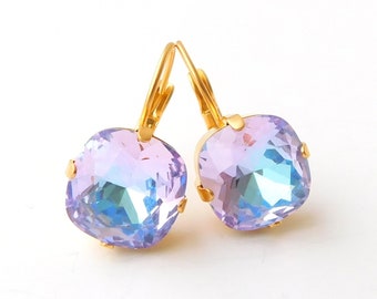 Aqua and Violet Crystal Earrings, Pastel Violet and Pale Earrings, Cushion Cut in Gold or Silver Settings