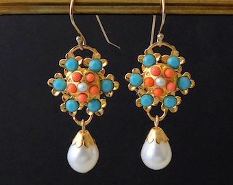 Freshwater Pearl and Coral Drop Earrings, Turquoise Floral Shaped Rhinestone Earrings, Coral Turquoise and Pearl Gold Earrings