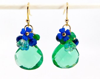 Royal Blue and Green Quartz Dangle Earrings, Floral Cluster Earrings with Green Onyx and Lapis