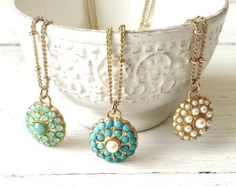 Victorian Pave Gold Necklace in Green Opal, Turquoise or Pearl