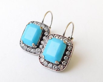 Turquoise and Silver Crystal Earrings, Victorian Halo Earrings, Antique Silver Octagon Leverback Earrings