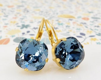 London Blue Crystal Earrings, Blue Cushion Cut Gold or Silver Leverback Earrings