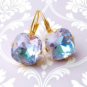 Violet Crystal Earrings, Hints of Aqua, Square Cushion Cut, Gold or Silver Settings