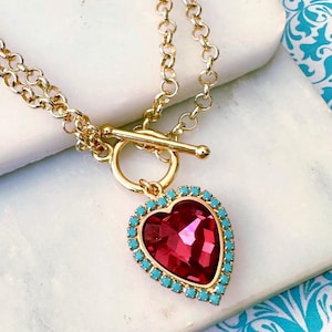 Ruby Heart Pendant, Pink Ruby and Turquoise Statement Necklace, Toggle Clasp, Valentine's Day Gift