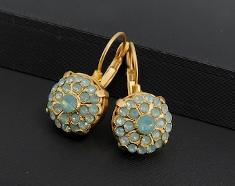 Victorian Green Opal Leverback Earrings in Gold,  Pacific Opal Halo Earrings, Gift for Her