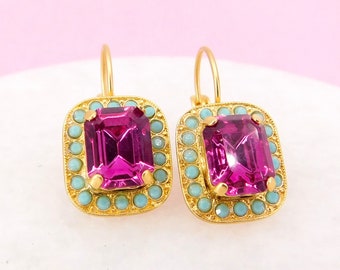 Turquoise and Fuschia Pink Earrings,  Victorian Style Turquoise Halo Earrings, Gold Octagon Leverback Earrings