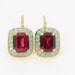 Ruby Red and Turquoise Earrings, Victorian Halo Earrings, Gold Octagon Leverback Earrings