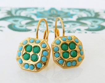 Turquoise and Opaque Green Earrings in Gold, Victorian Style Blue and Green Rhinestone Leverback Earrings