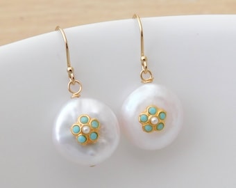 White Coin Freshwater Pearl Earrings, Turquoise Flower Coin Pearl Earrings with Gold Leverbacks, Birthday Gift, Mothers Day Gift