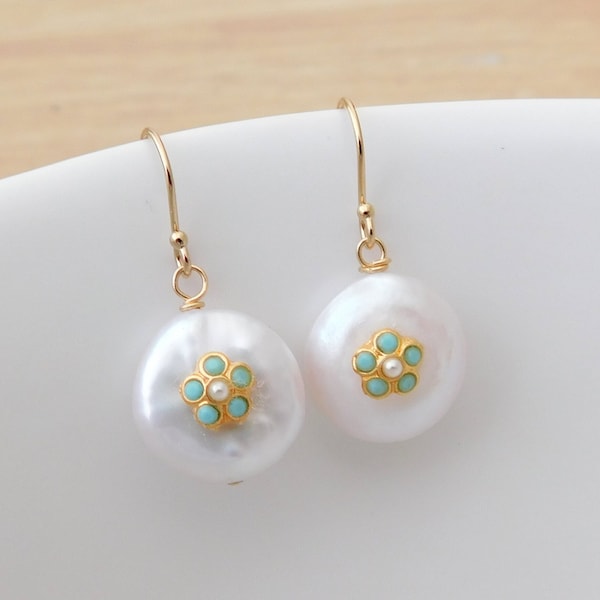 White Coin Freshwater Pearl Earrings, Turquoise Flower Coin Pearl Earrings with Gold Leverbacks, Birthday Gift, Mothers Day Gift