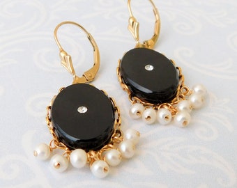 Vintage Black and Pearl Dangle Earrings, Jet Black Oval Glass and Seed Pearl Earrings