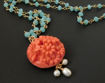 Vintage Coral and Pearl Drop Necklace, Aqua chalcedony and Coral Flower Necklace