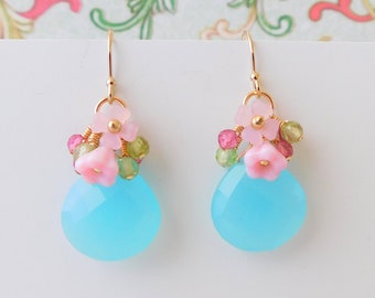 Aqua Chalcedony Earrings, Pale Blue Floral Cluster Earrings with Pink Cubic Zirconia and Peridot Beads, Summer Jewelry