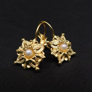 Gold and Pearl Victorian Style Earrings, Floral Motif Antique Style Pearl Earrings, etruscan revival style earrings