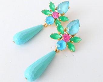 Statement Earrings in Aqua Blue, Jade Green and Fuschia Pink, Tropical Holiday Earrings, Bohemian Dangle Earrings